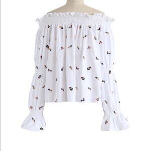 Zara Off the Shoulder White Floral Embroidered Long Ruffle Sleeve Boho Top